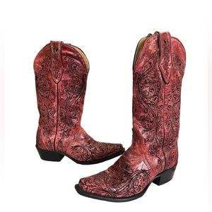 Sterling River Women’s Western boots red black embroidery square toe 5B